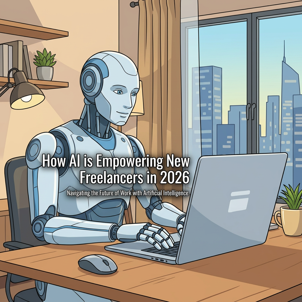 Robot sitting at desk using laptop with text about AI empowering new freelancers in 2026