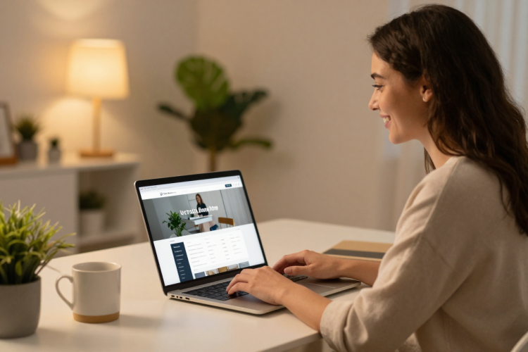 Laptop displaying WordPress dashboard for Bluehost hosting setup on a cozy desk