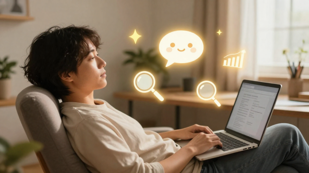Illustration of a beginner using AI tools to manage an online income business from a laptop