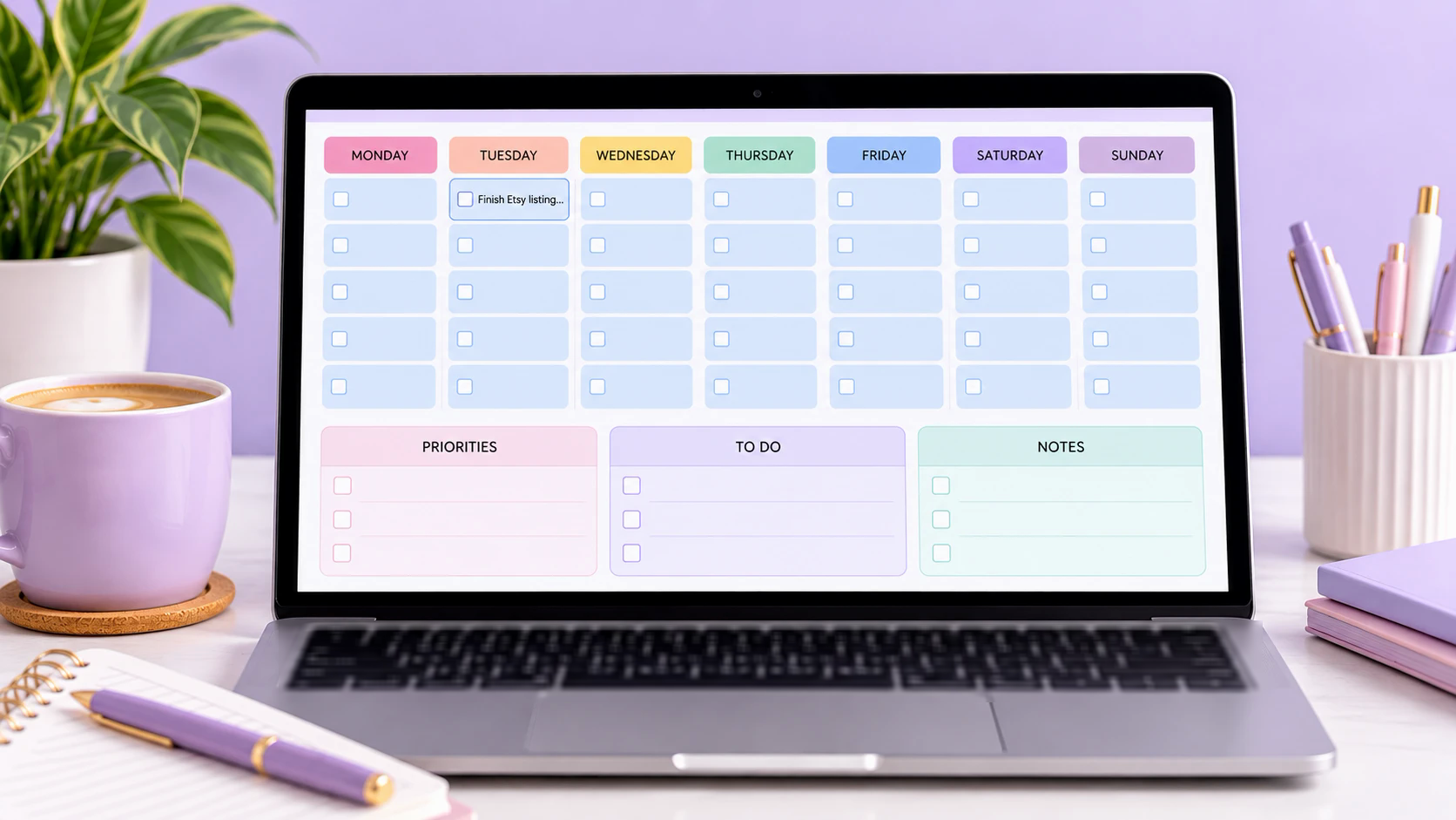 Best AI Tool for Fillable PDF Planners (Etsy Guide) 1 Weekly planner page with fillable text fields being typed into on a laptop