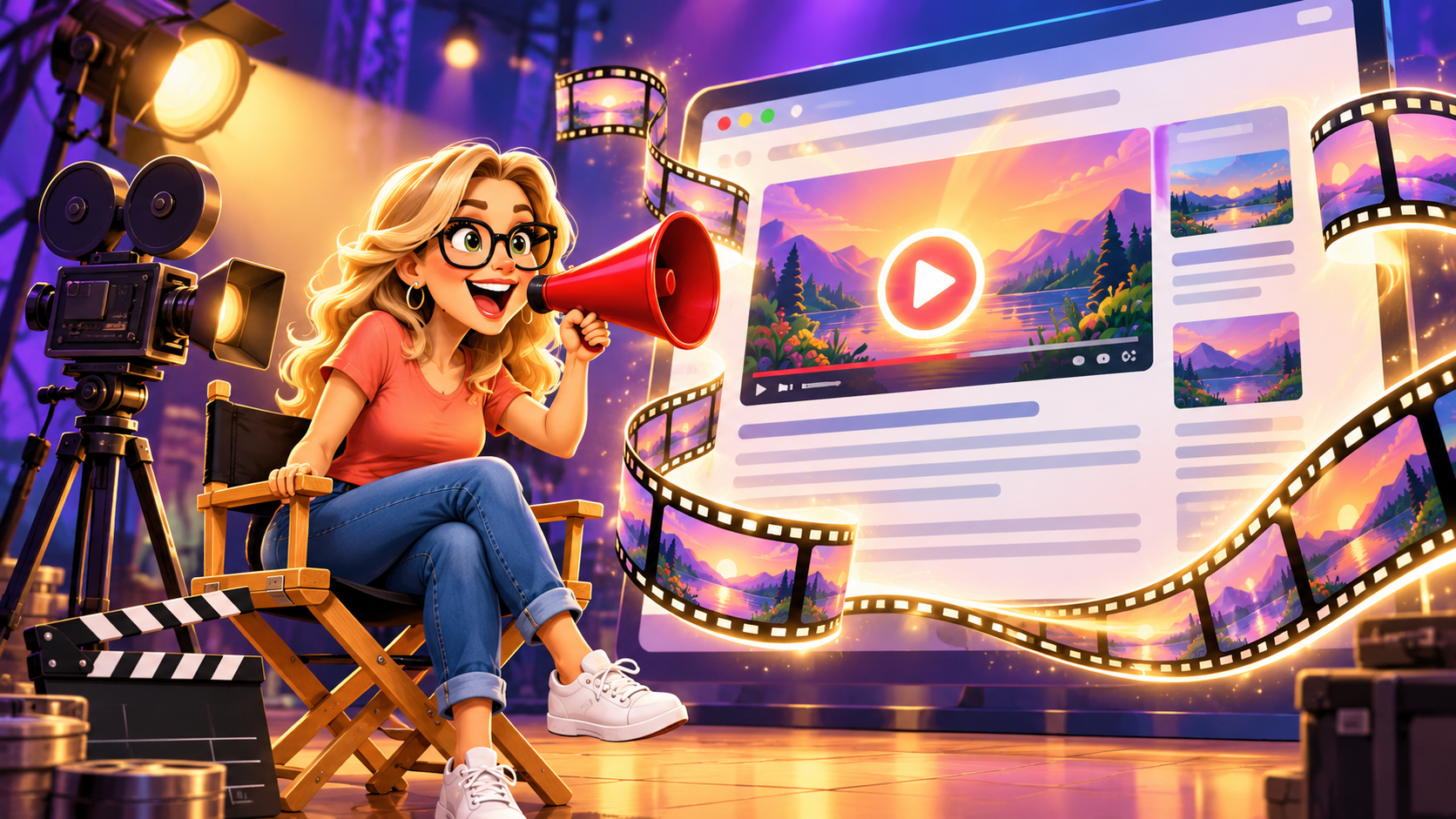 How to Turn a Blog Post Into a Faceless YouTube Video With AI 1 Cartoon woman in a director's chair calling through a megaphone as a blog post turns into a video on a giant screen